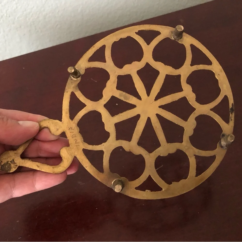 VTG India Brass Geometric Floral Trivet with Teardrop Finial